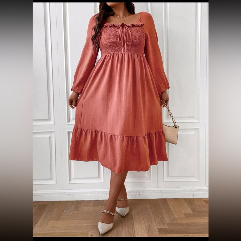 Smocked Square-Neck Midi Dress in Pumpkin